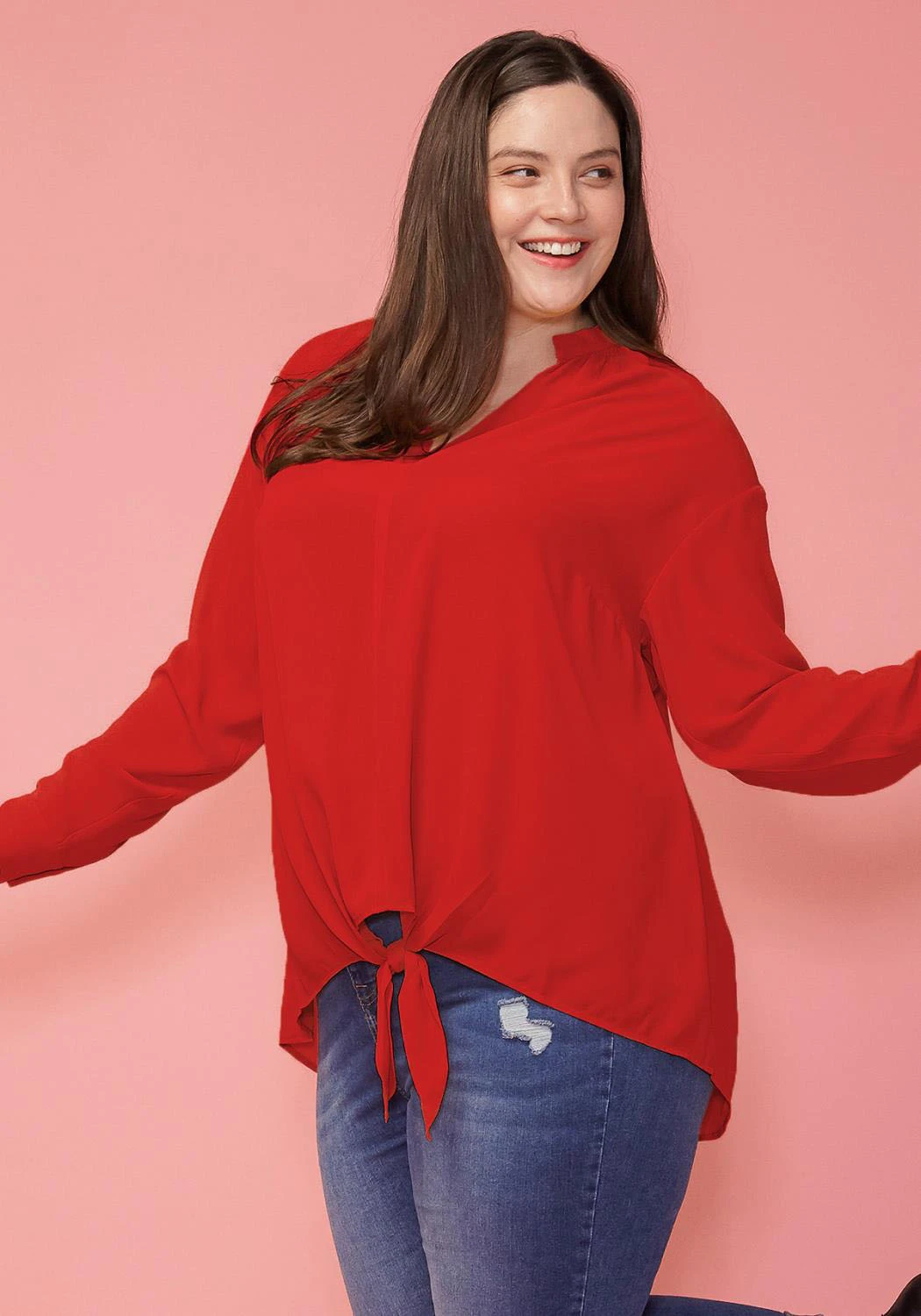 Pleione Plus Size Mandarin Collar Tie Hem Blouse