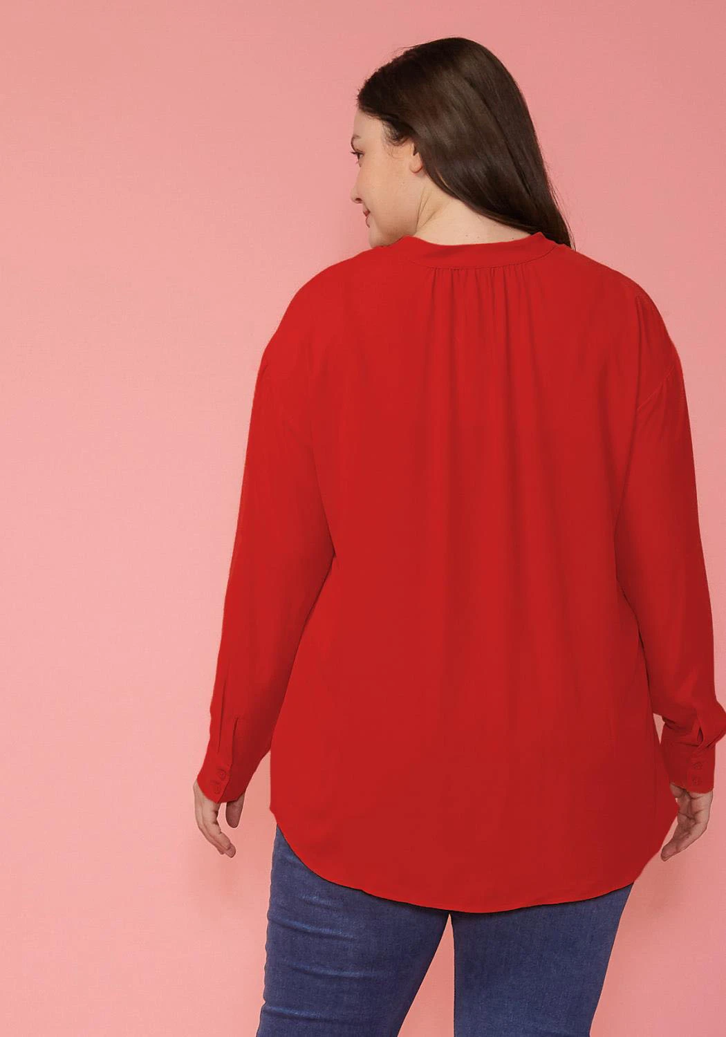 Pleione Plus Size Mandarin Collar Tie Hem Blouse - Image 2