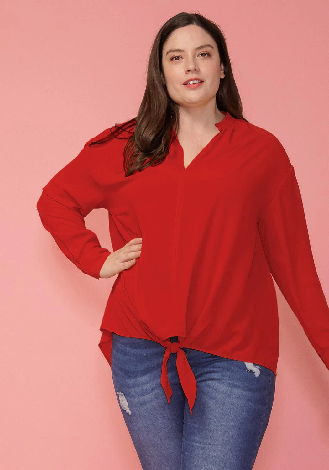 Pleione Plus Size Mandarin Collar Tie Hem Blouse - Image 3