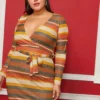 Asoph Plus Size V-Neck Multi Colored Tie Front Dress
