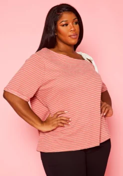 Plus Size Asymmetric Neckline Striped Shirt