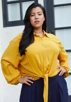 Pleione Plus Size Pleated Tie Hem Button Down Blouse