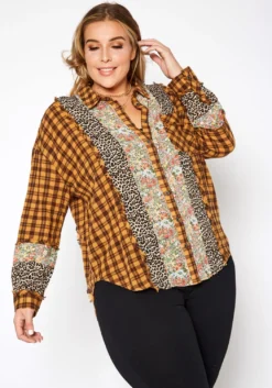 Asoph Plus Size Vintage Mood Print Button Up Collar Shirt