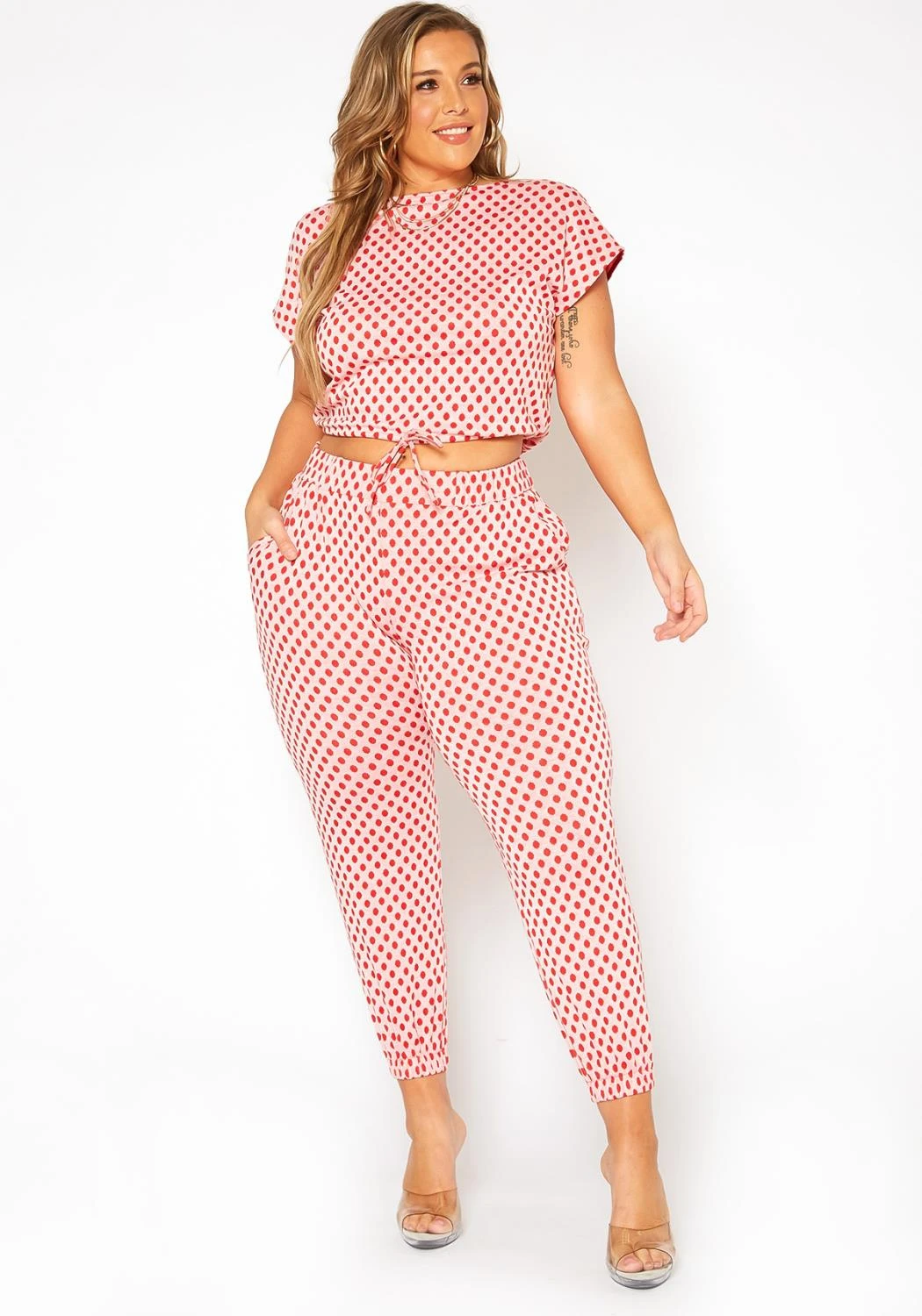 Asoph Plus Size Polka Dot Print Crop Top & Joggers Set - Image 2