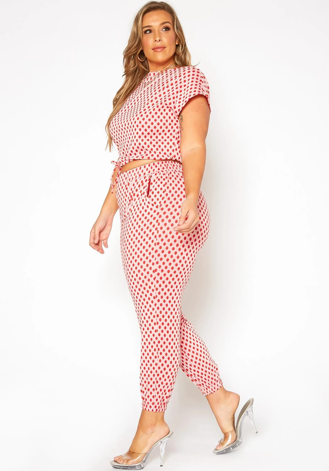 Asoph Plus Size Polka Dot Print Crop Top & Joggers Set - Image 3