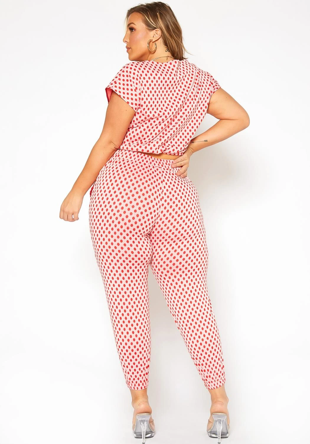 Asoph Plus Size Polka Dot Print Crop Top & Joggers Set - Image 4