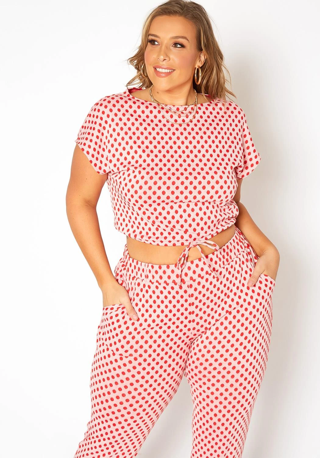 Asoph Plus Size Polka Dot Print Crop Top & Joggers Set