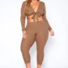 Asoph Plus Size Ribbed Knit Tie Front Crop Top & Legging Set