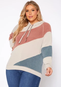 Asoph Plus Size Soft Hooded Color Splice Sweater