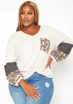 Plus Size Waffle Knit Color Block Sweater
