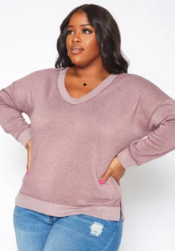 Plus Size Casual V Neck Long Sleeve Top