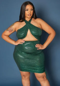 Plus Size Holographic Shimmer Halter Neck Mini Dress