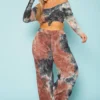 Plus Size Multi Print Crop Top & Flare Pants Set