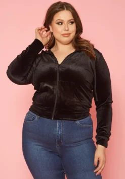 Plus Size Velvet Zip Front Hooded Sweater