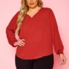 Plus Size V Neck Pocket Hem Long Sleeve Blouse