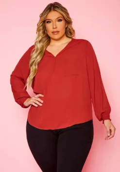 Plus Size V Neck Pocket Hem Long Sleeve Blouse