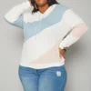 Plus Size Color Block Ribbed Hooded Sweater