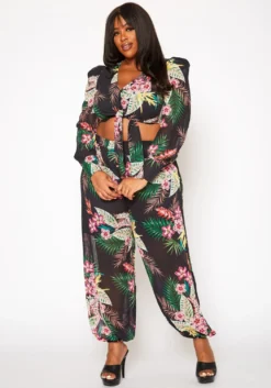 Plus Size Tropical Print Two Piece Set