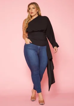 Plus Size One Sleeve Drape Hem Blouse