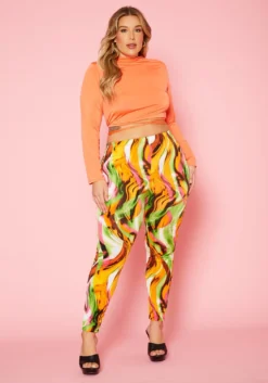 Plus Size Mock Neck Crop Top & Abstract Legging Set