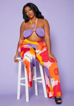 Plus Size Floral Wrap Halter Top & Palazzo Pants Set