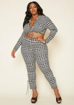 Plus Size Houndstooth Crop Top & Pants Set