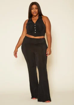 Plus Size Ruched Halter Top & Pants Set
