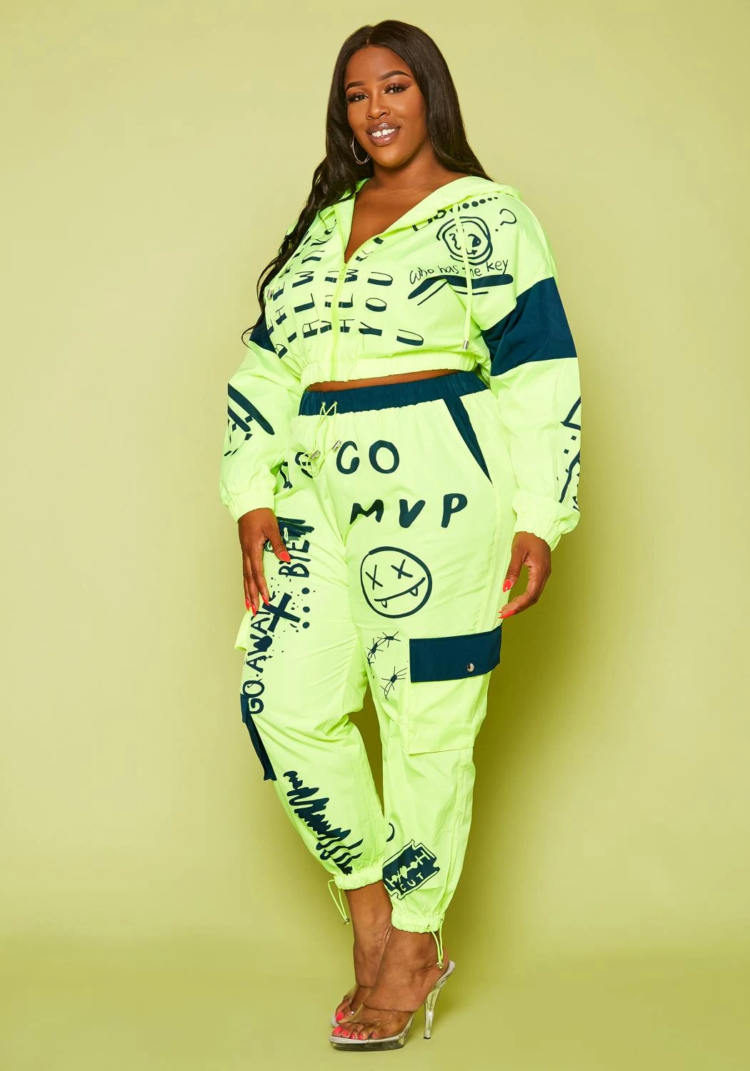 Plus Size Color Block Graphic Cropped Hoodie & Pants Set - Image 3