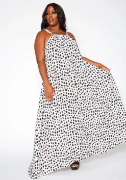 Plus Size Dotted Print Maxi Flare Dress