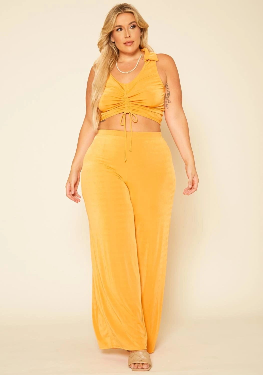 Plus Size Open Collar Crop Top & Flare Pants Set - Image 2