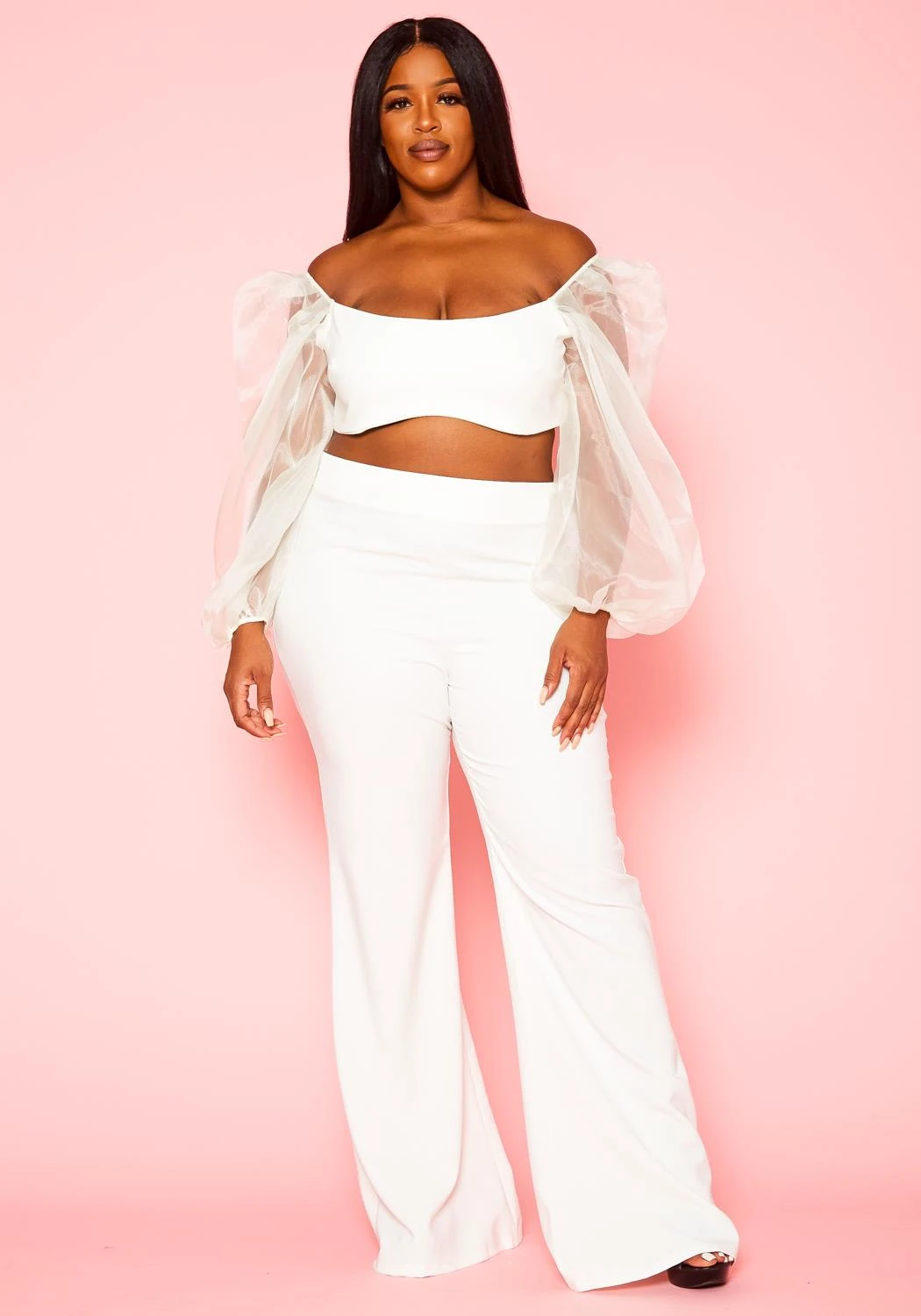 Plus Size Balloon Sleeve Crop Top And Pants Set - Image 2