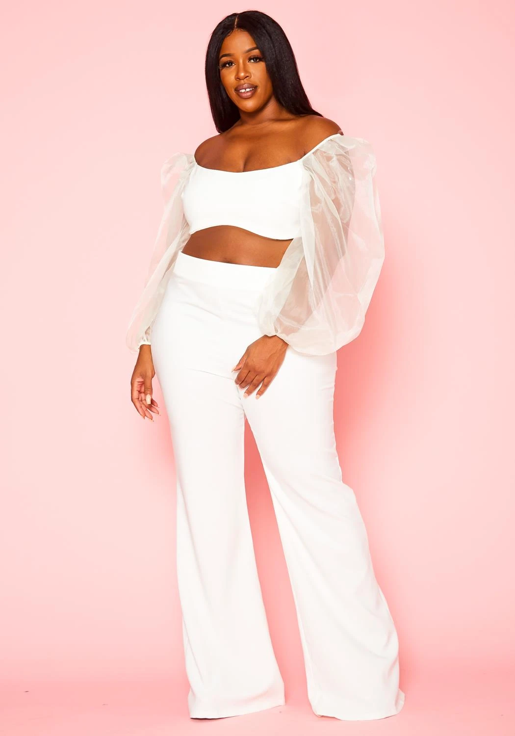 Plus Size Balloon Sleeve Crop Top And Pants Set