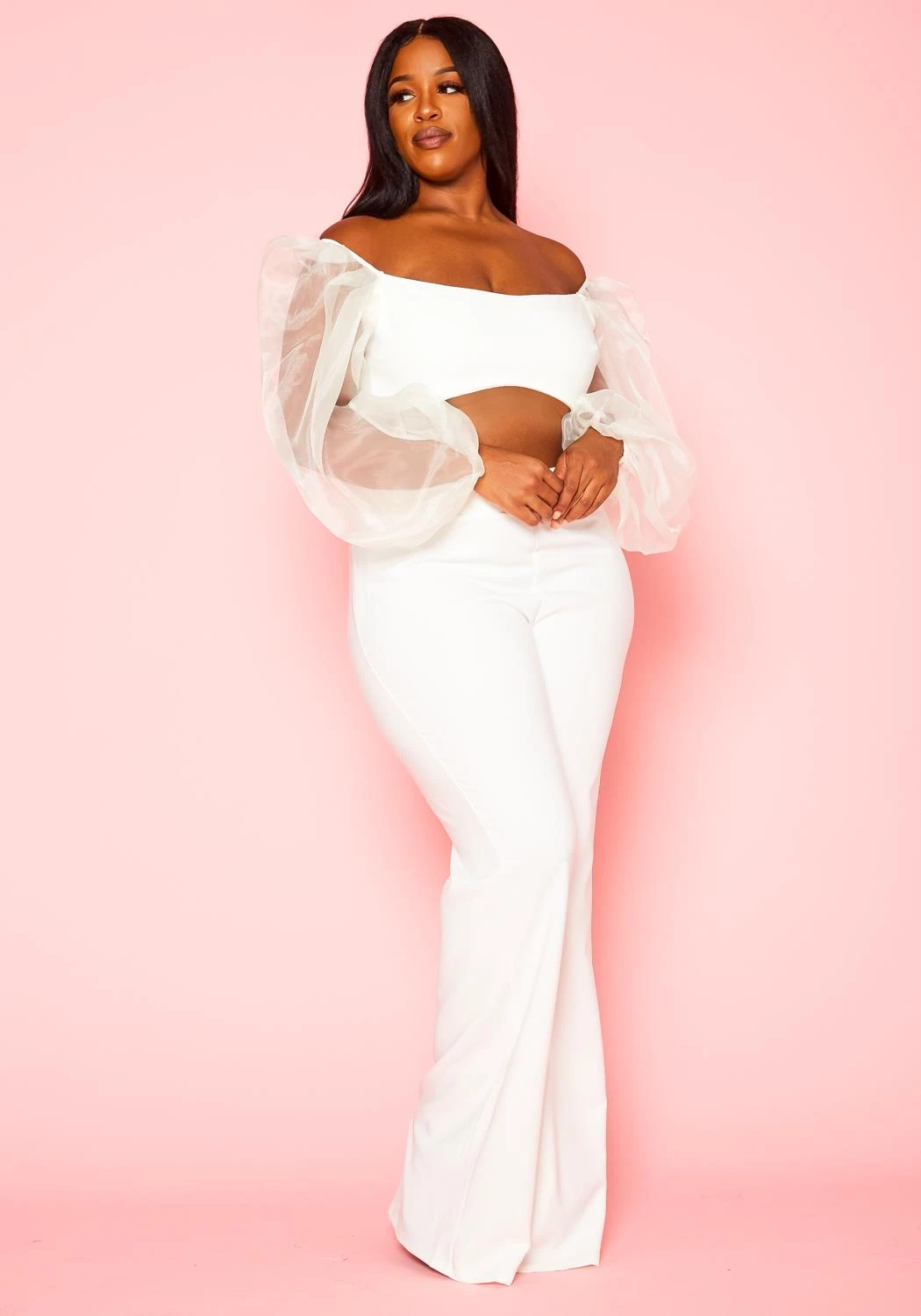 Plus Size Balloon Sleeve Crop Top And Pants Set - Image 3