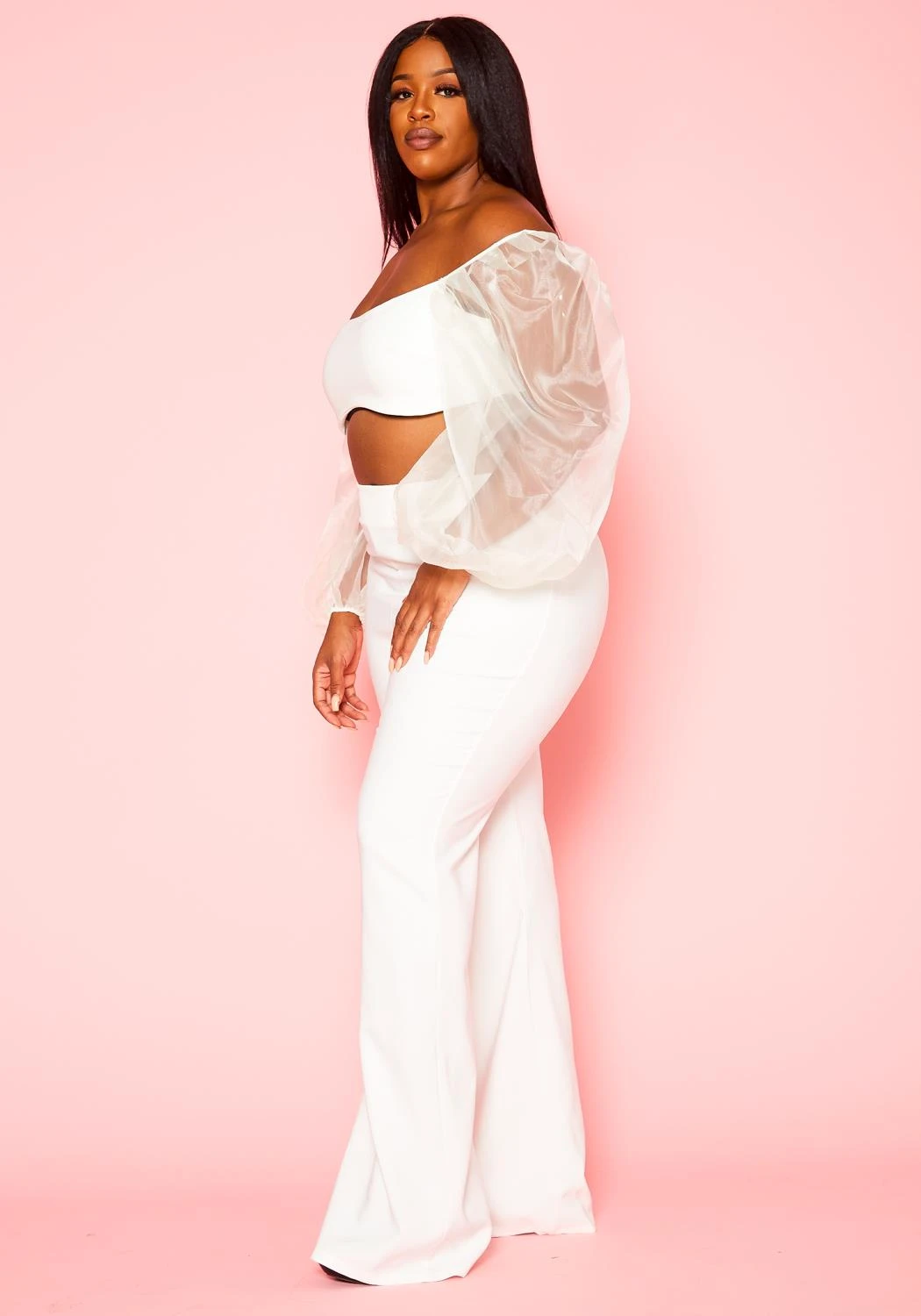 Plus Size Balloon Sleeve Crop Top And Pants Set - Image 4