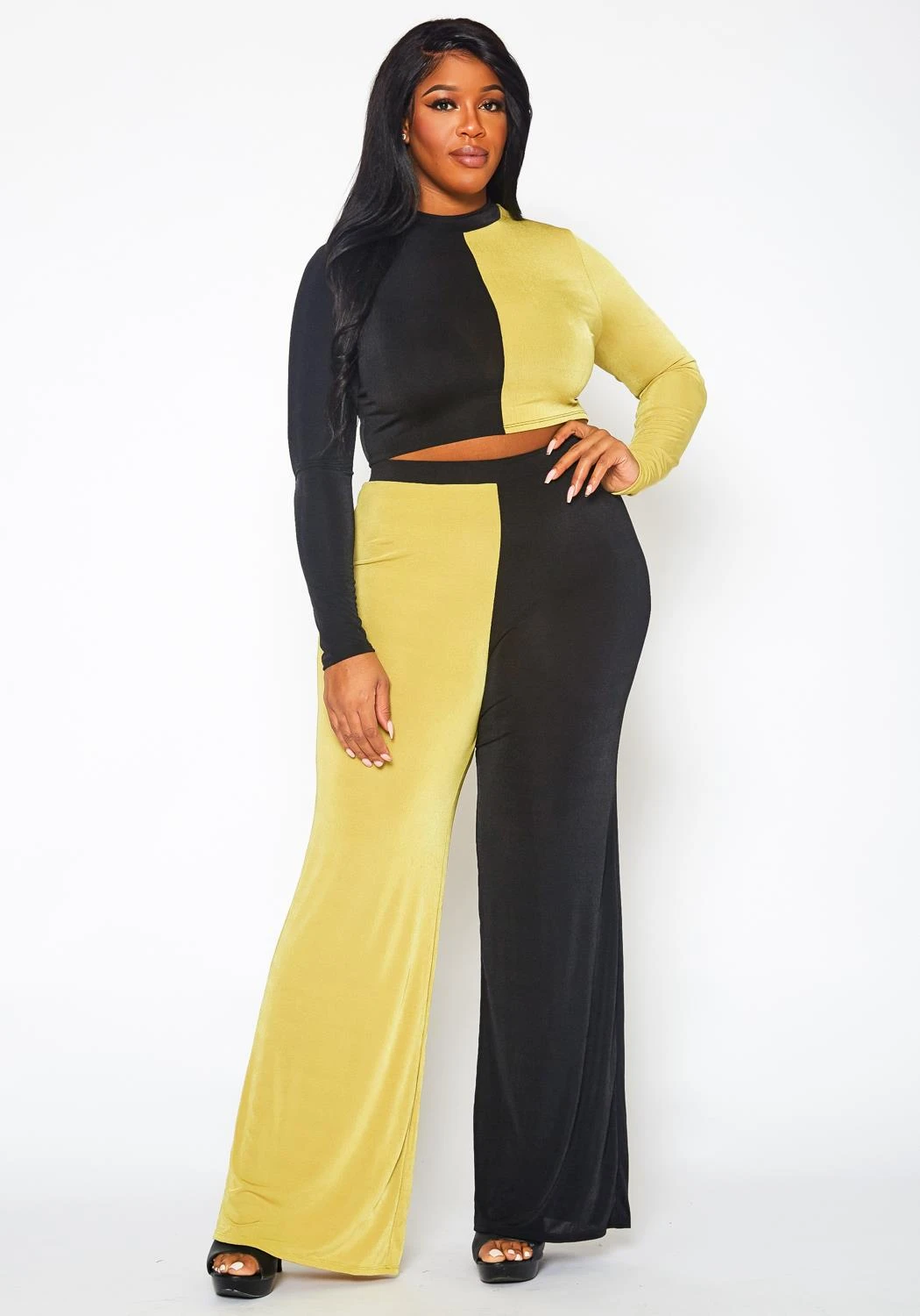 Plus Size Color Block Long Sleeve Top & Pants Set - Image 2