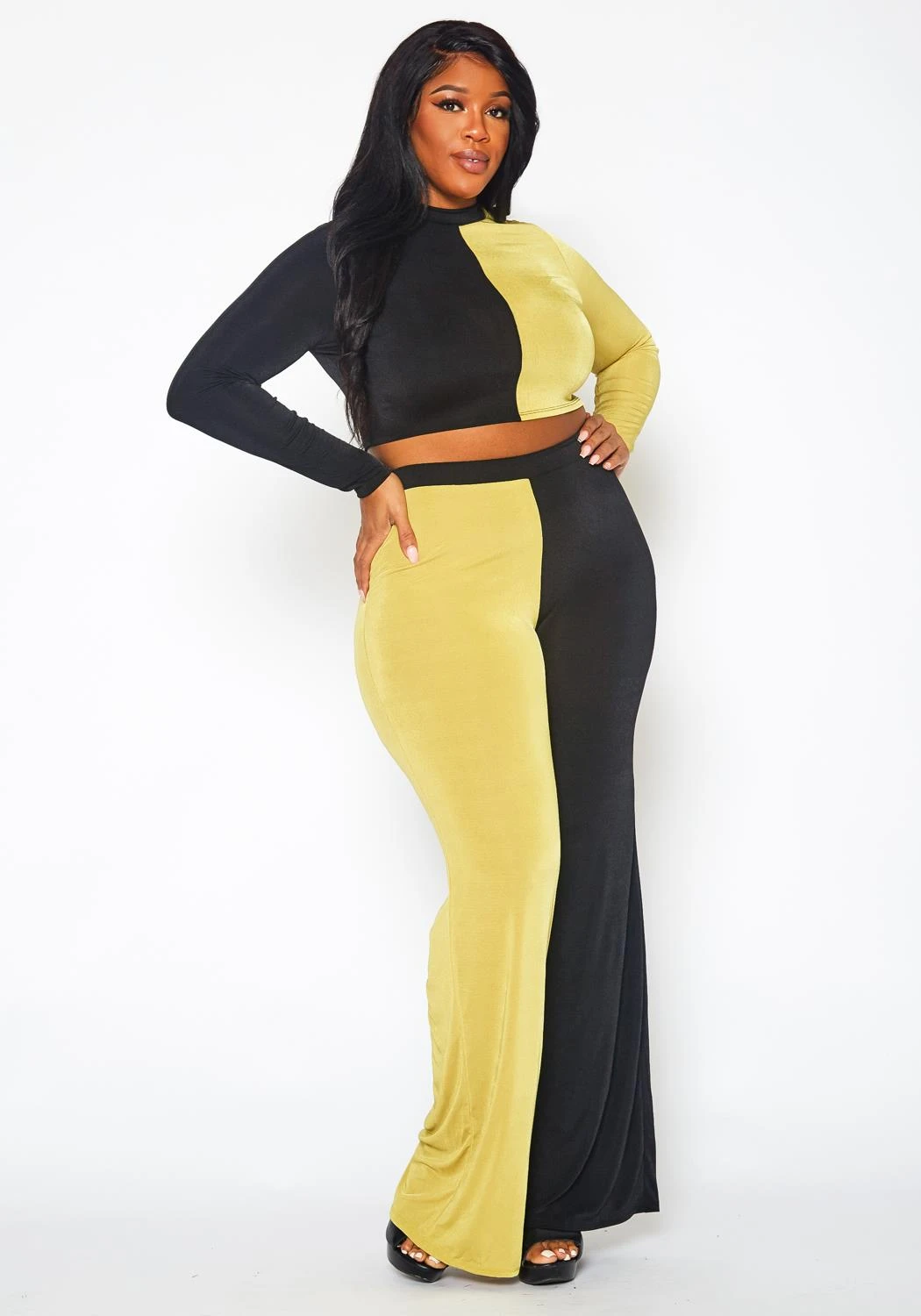 Plus Size Color Block Long Sleeve Top & Pants Set - Image 3