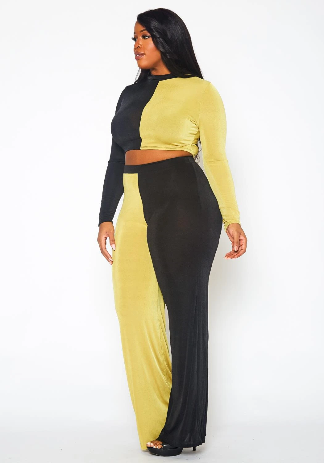Plus Size Color Block Long Sleeve Top & Pants Set - Image 4
