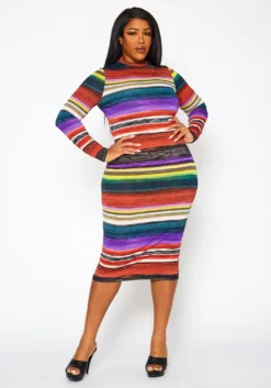 Plus Size Multi Color Pattern Long Sleeve Midi Dress