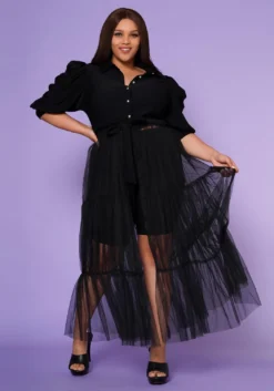 Plus Size Puff Sleeve Long Tulle Blouse