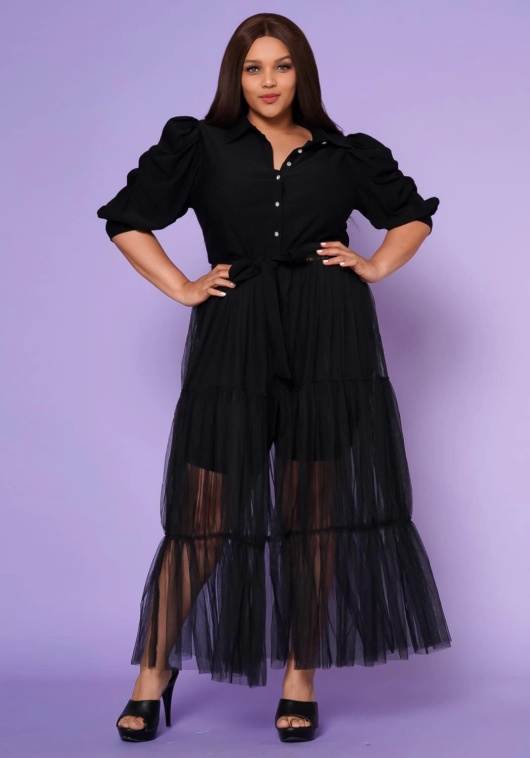 Plus Size Puff Sleeve Long Tulle Blouse - Image 3