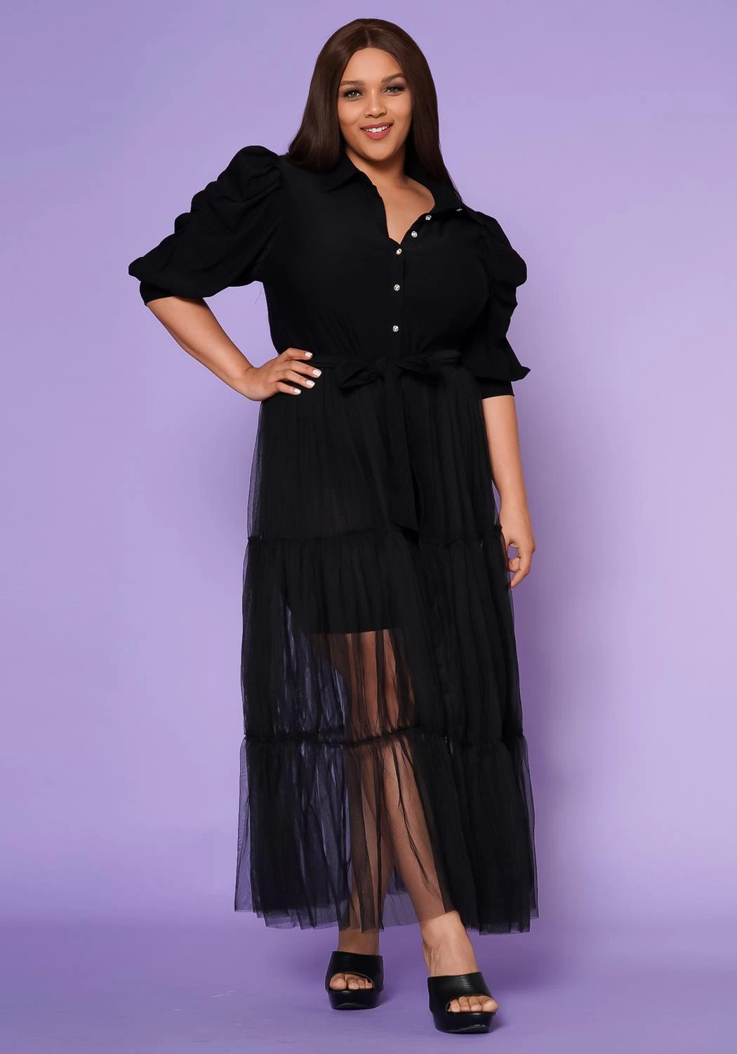 Plus Size Puff Sleeve Long Tulle Blouse - Image 4