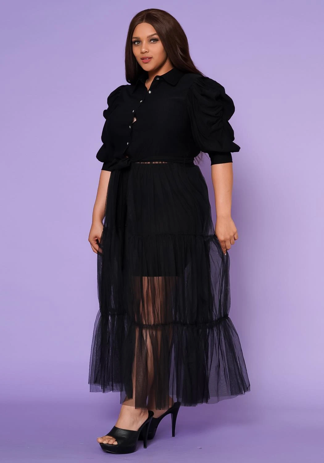 Plus Size Puff Sleeve Long Tulle Blouse - Image 5