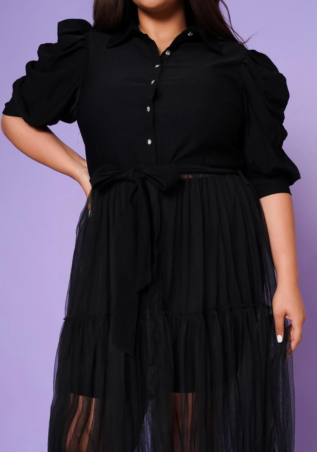 Plus Size Puff Sleeve Long Tulle Blouse - Image 7