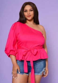 Plus Size Asymmetric One Sleeve Peplum Blouse