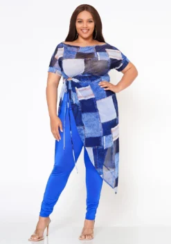 Plus Size Patchwork Mesh Print Asymmetric Top