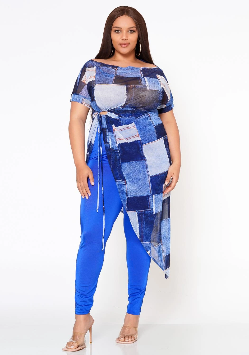 Plus Size Patchwork Mesh Print Asymmetric Top - Image 2