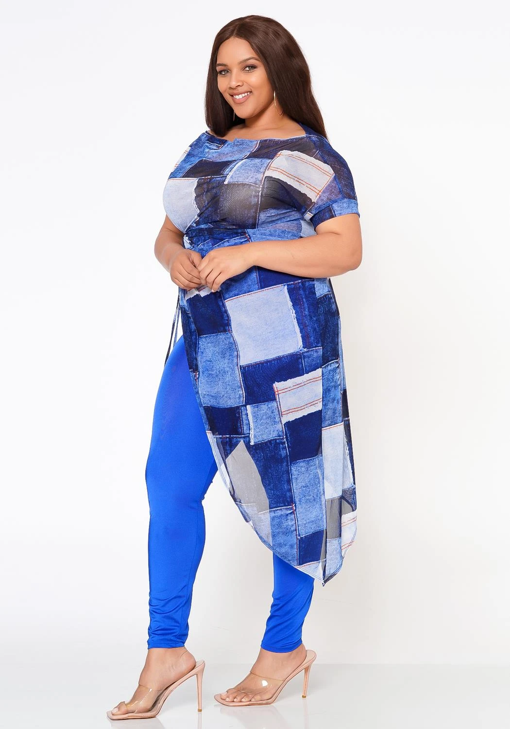 Plus Size Patchwork Mesh Print Asymmetric Top - Image 3