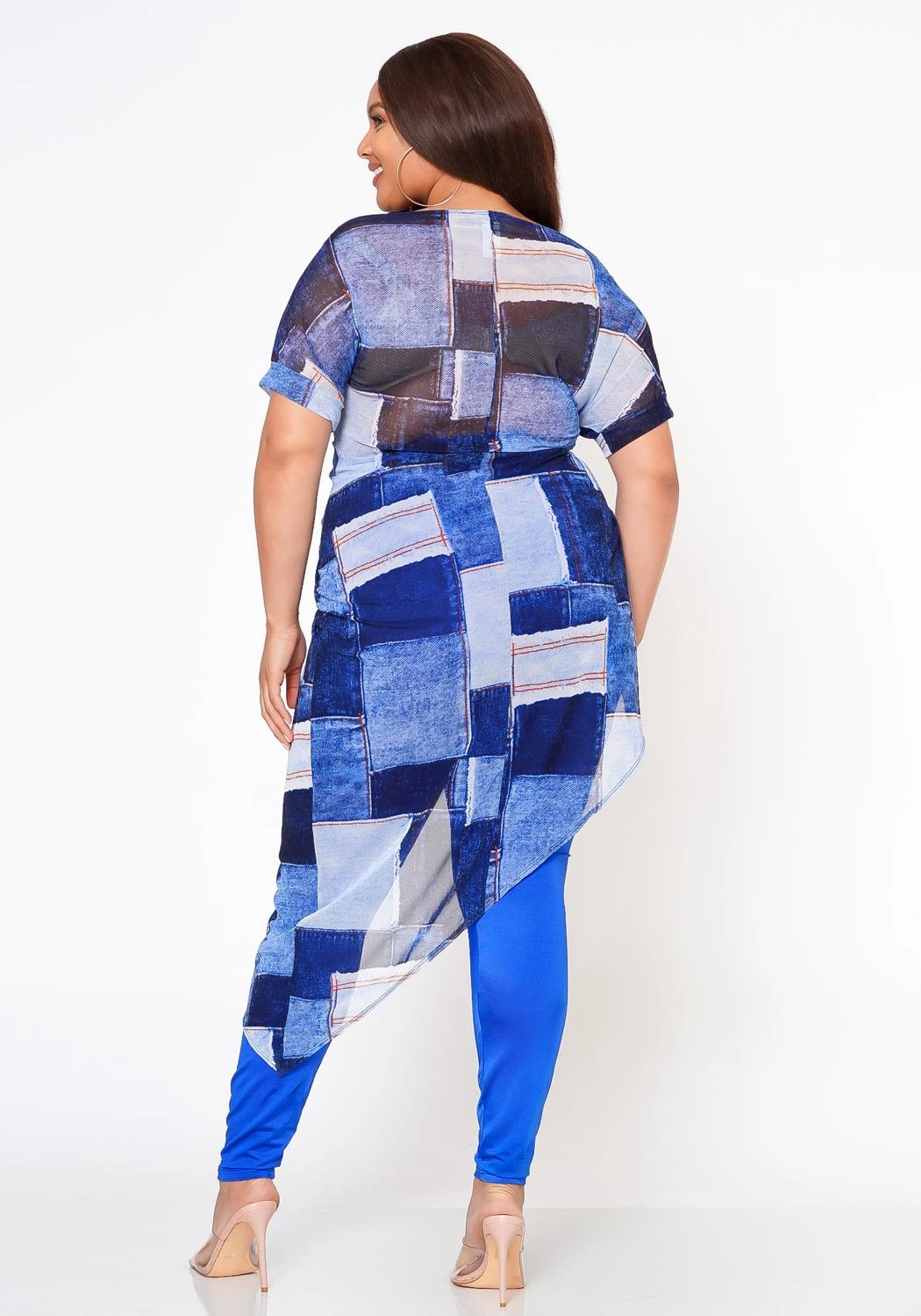 Plus Size Patchwork Mesh Print Asymmetric Top - Image 4