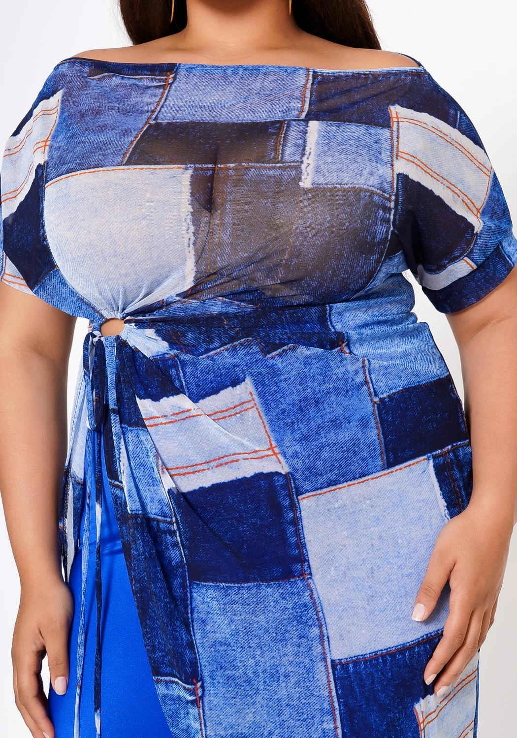 Plus Size Patchwork Mesh Print Asymmetric Top - Image 5