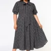 Plus Size Polka Dot Print Bow Collar Flare Dress